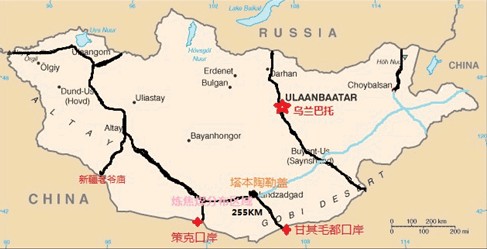 蒙古国主要铁路运输线路(黑色:运行中铁路蓝色:规划中线路)